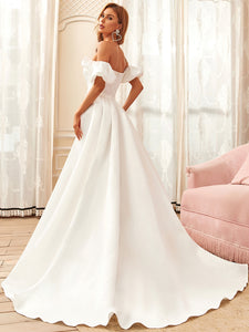 Color=Cream | Short Puff Sleeves A Line Floor Length Wholesale Wedding Dresses-Cream 2