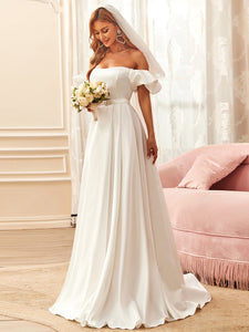 Color=Cream | Short Puff Sleeves A Line Floor Length Wholesale Wedding Dresses-Cream 3