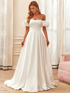 Color=Cream | Short Puff Sleeves A Line Floor Length Wholesale Wedding Dresses-Cream 4