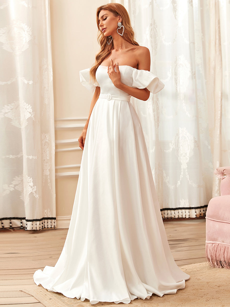 Color=Cream | Short Puff Sleeves A Line Floor Length Wholesale Wedding Dresses-Cream 1