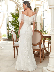 Color=White | Deep V Neck Ruffles Sleeves Wholesale Wedding Dresses-White 2
