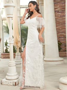 Color=White | Deep V Neck Ruffles Sleeves Wholesale Wedding Dresses-White 3