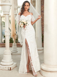 Color=White | Deep V Neck Ruffles Sleeves Wholesale Wedding Dresses-White 4