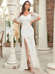 Color=White | Deep V Neck Ruffles Sleeves Wholesale Wedding Dresses-White 1