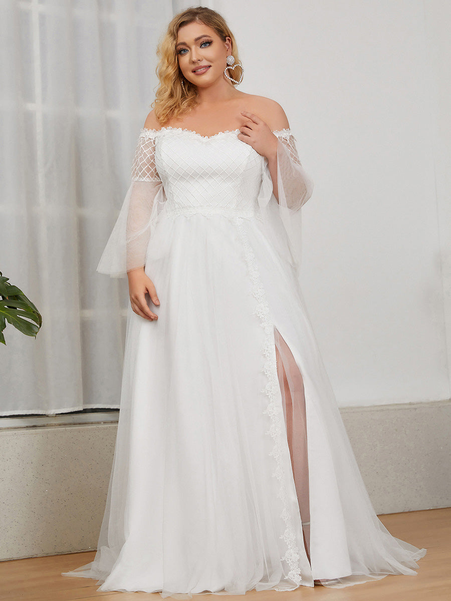 Color=Cream | V-Neck A-Line Long Sleeves Wholesale Wedding Dresses -Cream 1