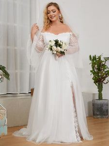 Color=Cream | V-Neck A-Line Long Sleeves Wholesale Wedding Dresses -Cream 2