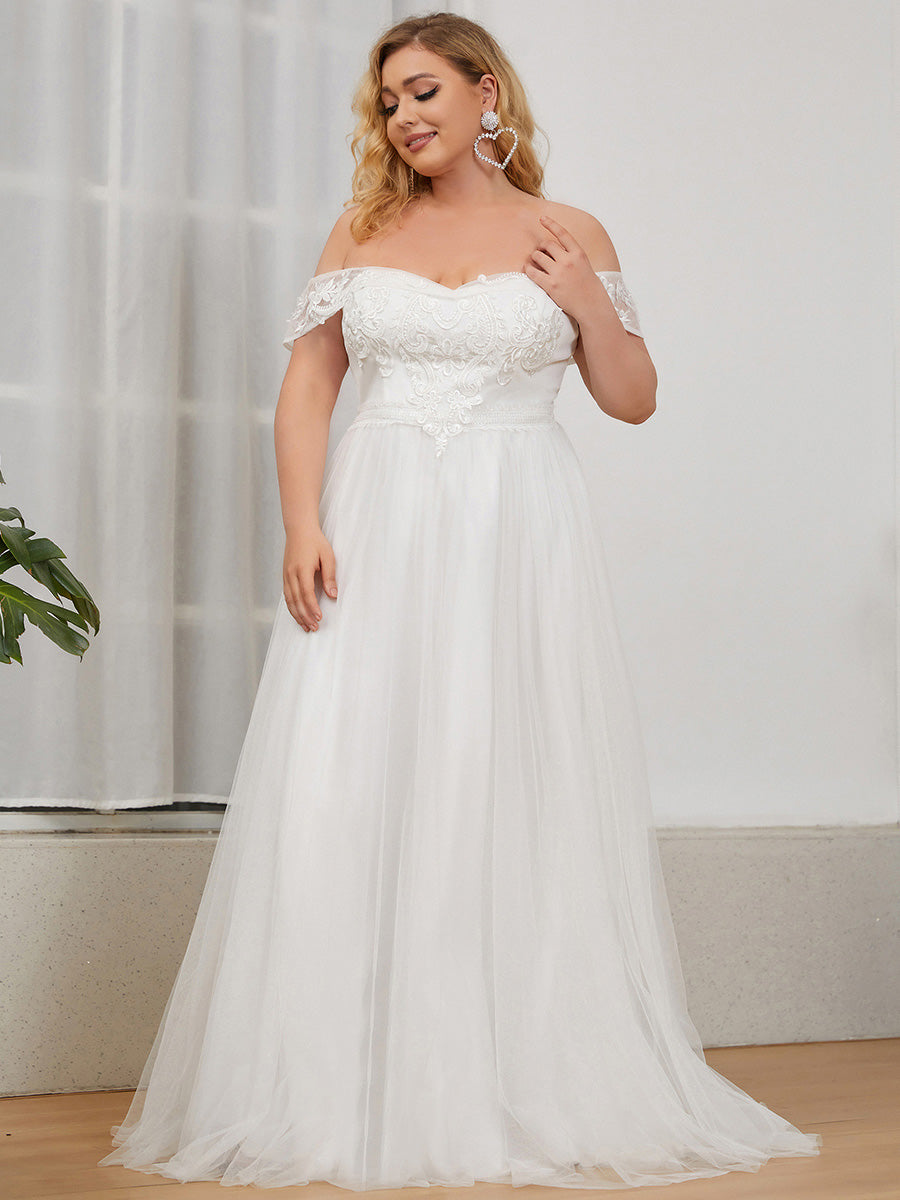 Color=Cream | A-Line Off Shoulder Floor Length Wholesale Wedding Dresses-Cream 1