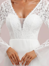 Load image into Gallery viewer, Color=Cream | Long Ruffle Sleeves Deep V-Neck Split Wholesale Wedding Dresses-Cream 5