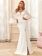Load image into Gallery viewer, Color=Cream | Long Ruffle Sleeves Deep V-Neck Split Wholesale Wedding Dresses-Cream 3
