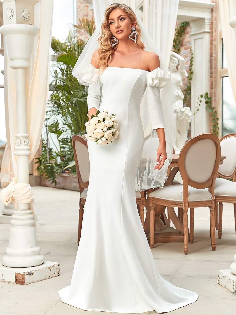 Color=White | Off Shoulder Fishtail Floor Length Wholesale Wedding Dresse-White 1