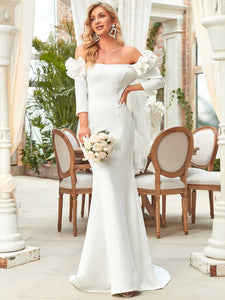 Color=White | Off Shoulder Fishtail Floor Length Wholesale Wedding Dresse-White 4