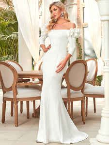 Color=White | Off Shoulder Fishtail Floor Length Wholesale Wedding Dresse-White 2