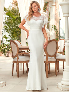 Color=White | Ruffles Sleeves Round Neck Fishtail Wholesale Wedding Dresses-White 1