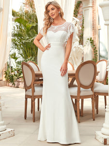 Color=White | Ruffles Sleeves Round Neck Fishtail Wholesale Wedding Dresses-White 3