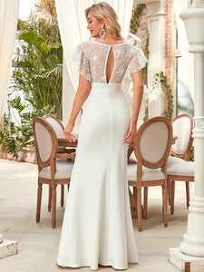 Color=White | Ruffles Sleeves Round Neck Fishtail Wholesale Wedding Dresses-White 4