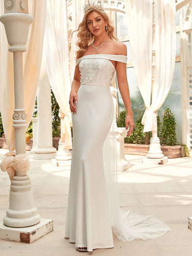 Color=White | Off Shoulders Fishtail Floor Length Wholesale Wedding Dresses-White 1