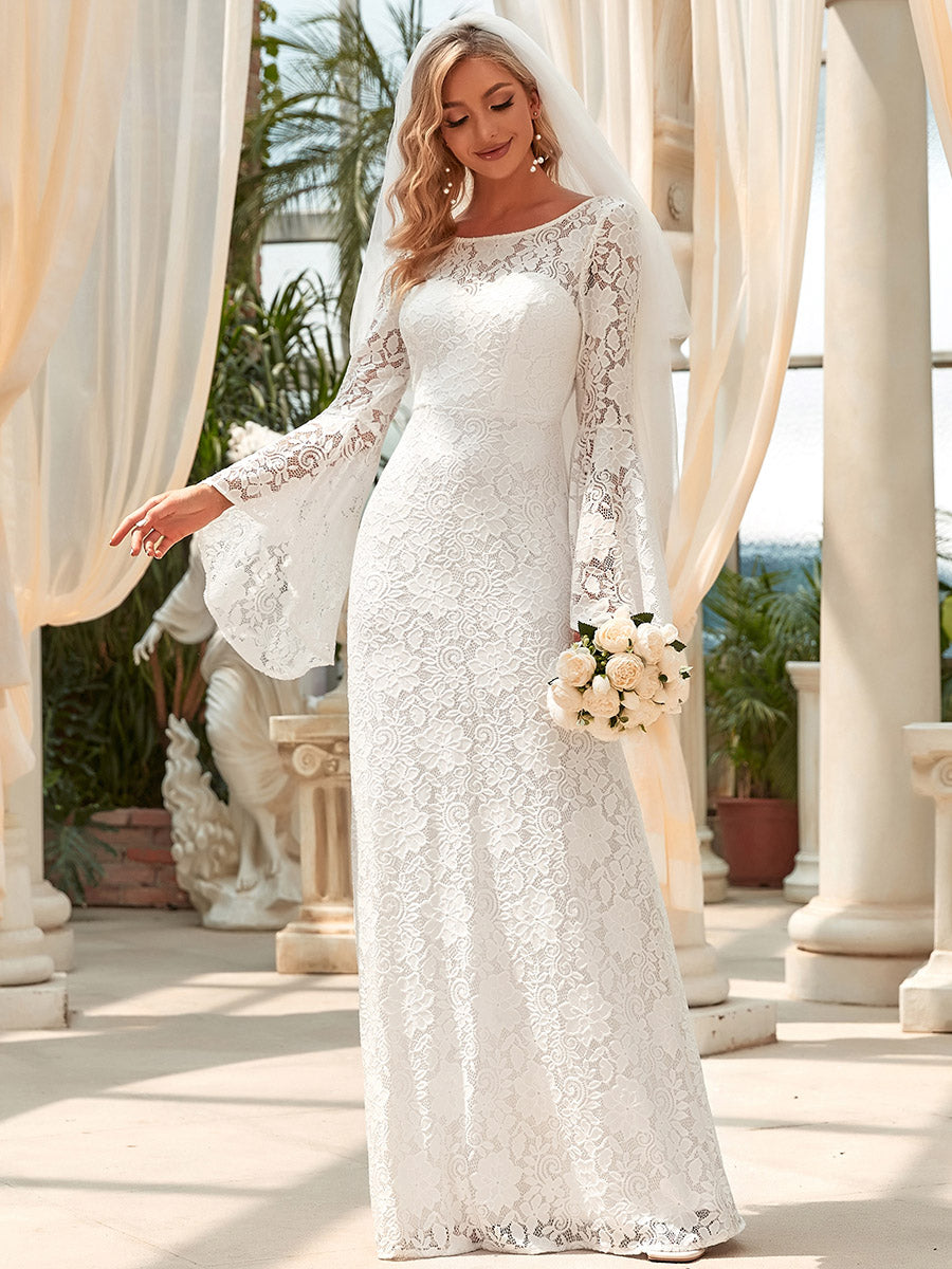 Color=White | Round Neck Bat-Wing Sleeves A Line Wholesale Wedding Dresses-White 1