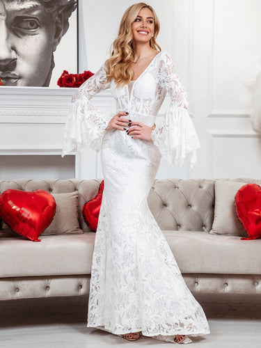 Color=White | Long Bat-Wing Sleeves V-neck Fishtail Wholesale Wedding Dresses-White 1