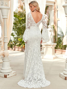 Color=White | Long Bat-Wing Sleeves V-neck Fishtail Wholesale Wedding Dresses-White 5