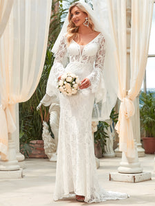Color=White | Long Bat-Wing Sleeves V-neck Fishtail Wholesale Wedding Dresses-White 7