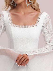 Color=White | Long Bat-Wing Sleeves Square Neckline Wholesale Wedding Dresses-White 5