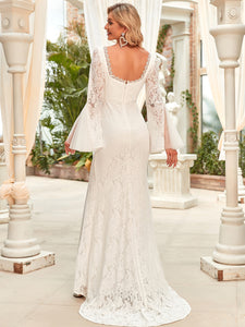 Color=White | Long Bat-Wing Sleeves Square Neckline Wholesale Wedding Dresses-White 4