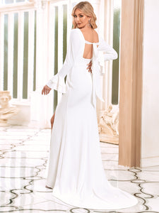 Color=White | Square Neckline Ruffles Sleeves Split Wholesale Wedding Dresses-White 4