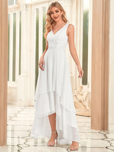 Color=White | Deep V Neck A Line Floor Length Wholesale Wedding Dresses-White 2