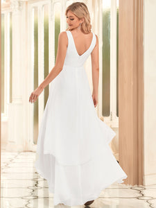 Color=White | Deep V Neck A Line Floor Length Wholesale Wedding Dresses-White 3