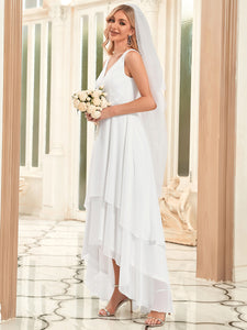Color=White | Deep V Neck A Line Floor Length Wholesale Wedding Dresses-White 4