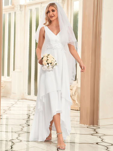 Color=White | Deep V Neck A Line Floor Length Wholesale Wedding Dresses-White 1