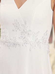 Color=White | Deep V Neck A Line Floor Length Wholesale Wedding Dresses-White 5