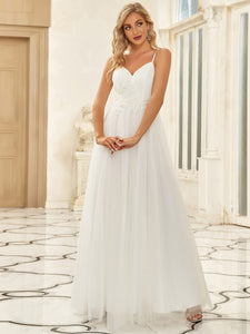 Color=White | Deep V Neck A Line Backless Wholesale Wedding Dresses-White 4