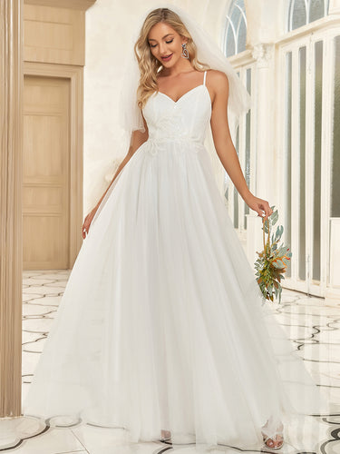 Color=White | Deep V Neck A Line Backless Wholesale Wedding Dresses-White 1
