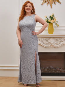 Color=Grey |Plus Size Split Sheath Round Neckline  Evening Dresses for Women-Grey 2