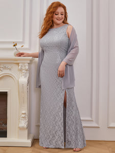 Color=Grey |Plus Size Split Sheath Round Neckline  Evening Dresses for Women-Grey 3
