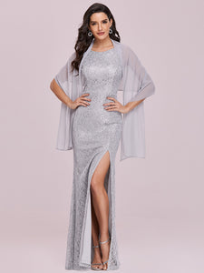 Color=Grey | Split Sheath Round Neckline  Evening Dresses for Women-Grey