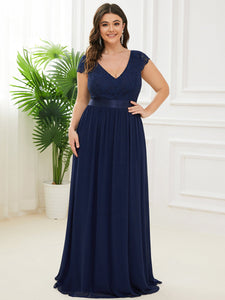 Color=Navy Blue | Deep V Neck A Line Cover Sleeves Wholesale Bridesmaid Dresses-Navy Blue 1