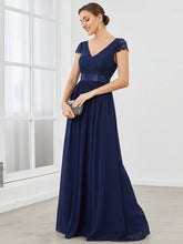 Load image into Gallery viewer, Color=Navy Blue | Deep V Neck A Line Cover Sleeves Wholesale Bridesmaid Dresses-Navy Blue 3