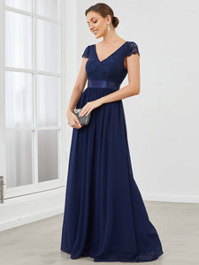 Color=Navy Blue | Deep V Neck A Line Cover Sleeves Wholesale Bridesmaid Dresses-Navy Blue 3