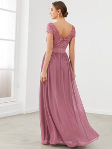 Color=Orchid | Deep V Neck A Line Cover Sleeves Wholesale Bridesmaid Dresses-Orchid 2