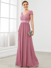 Load image into Gallery viewer, Color=Orchid | Deep V Neck A Line Cover Sleeves Wholesale Bridesmaid Dresses-Orchid 1