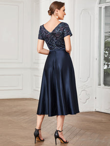 Color=Navy Blue | Round Neck Wholesale Mother of Bridesmaid Dresses with Short Sleeves-Navy Blue 2