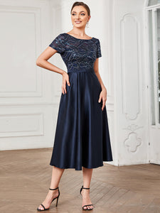 Color=Navy Blue | Round Neck Wholesale Mother of Bridesmaid Dresses with Short Sleeves-Navy Blue 3