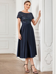 Color=Navy Blue | Round Neck Wholesale Mother of Bridesmaid Dresses with Short Sleeves-Navy Blue 4