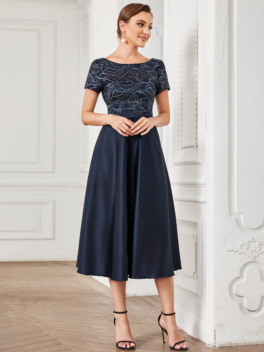 Color=Navy Blue | Round Neck Wholesale Mother of Bridesmaid Dresses with Short Sleeves-Navy Blue 1