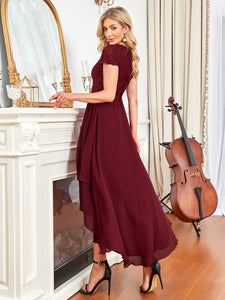 Color=Burgundy | Wholesale Mother of Bridesmaid Dresses with Deep V Neck Short Sleeves-Burgundy 3