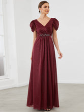Load image into Gallery viewer, Color=Burgundy | A Line Deep V Neck Puff Sleeves Pretty Wholesale Bridesmaid Dresses-Burgundy 3