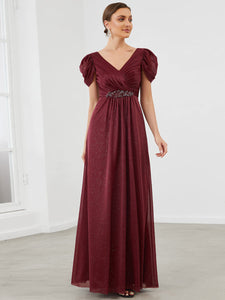 Color=Burgundy | A Line Deep V Neck Puff Sleeves Pretty Wholesale Bridesmaid Dresses-Burgundy 3