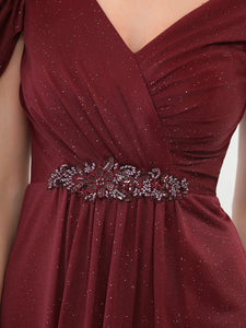 Color=Burgundy | A Line Deep V Neck Puff Sleeves Pretty Wholesale Bridesmaid Dresses-Burgundy 5